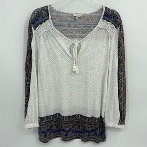 LUCKY BRAND Shirt Women Size XL Placement Print Peasant Blouse Casual Top